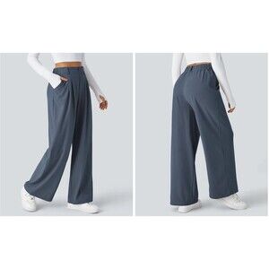 HALARA Flex High Rise Pocket Wide Leg Waffle Work Pant M Grisaille Blue NWT B78